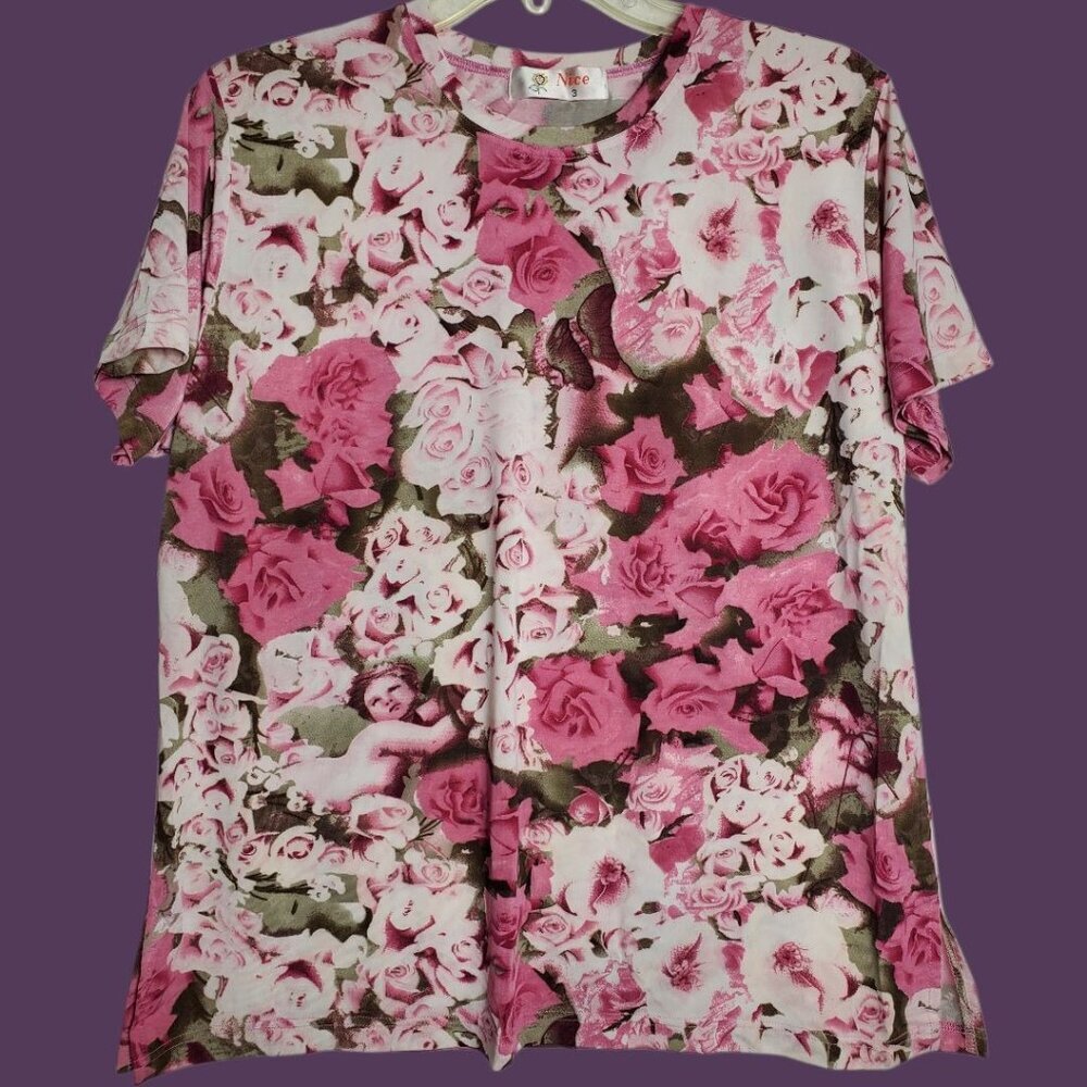 Nice Pink Floral Womens Short-Sleeve Top Size 3 - Picture 8 of 9